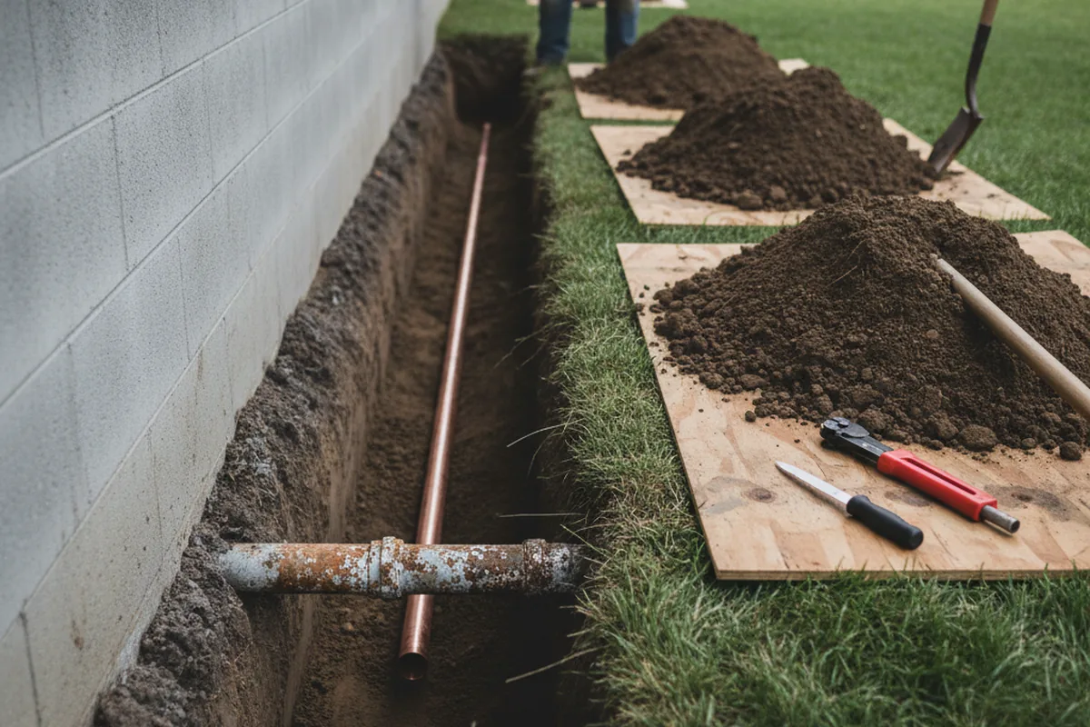 Excavated water line trench during Water Heater Repair in Lynchburg